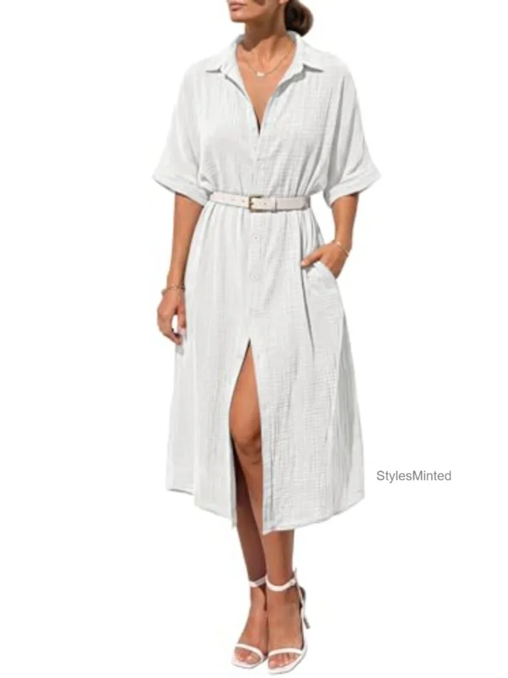 Women's Summer Cotton Casual Midi Shirt Dress Short Sleeve Vacation Beach